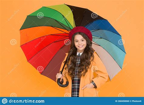 Rainy Day Fun Happy Walk Under Umbrella Enjoy Rain Concept Kid Girl