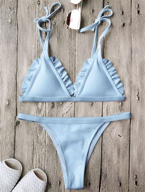 [17 off] 2021 rib textured frilled string bikini set in blue zaful