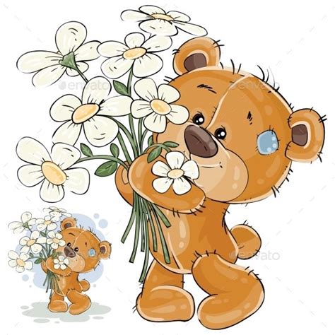 Brown Teddy Bear Holding Flowers Bear Art Brown Teddy Bear Cute