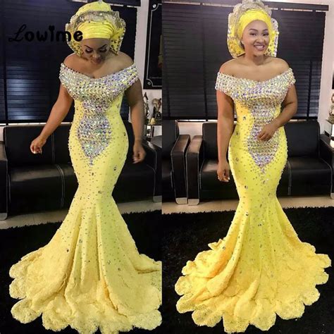 Sexy Long African Gold Mermaid Formal Evening Party Dress Rhinestone