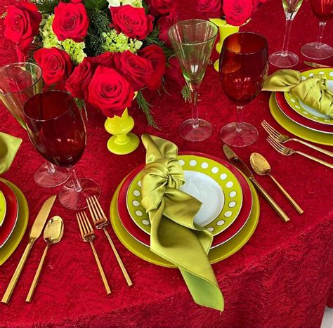 Red And Lime Green Table Setting Green Table Green Table Settings