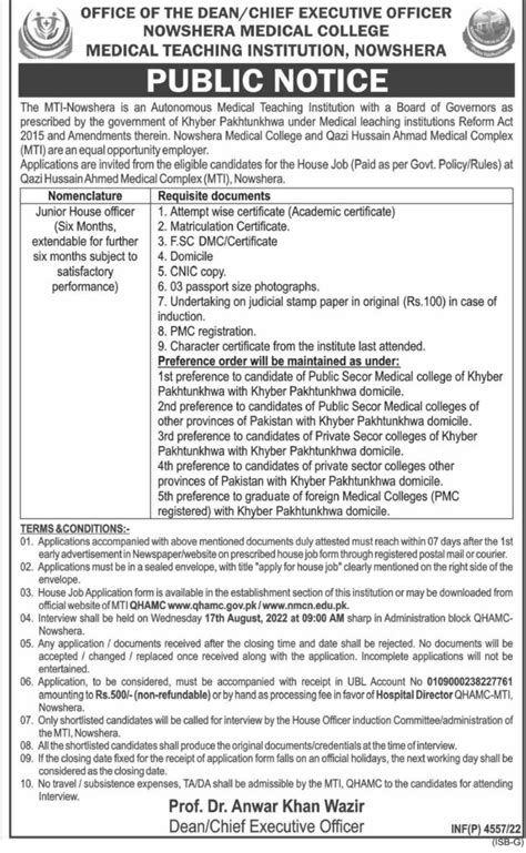 Nowshera Medical College Jobs Mti Application Form