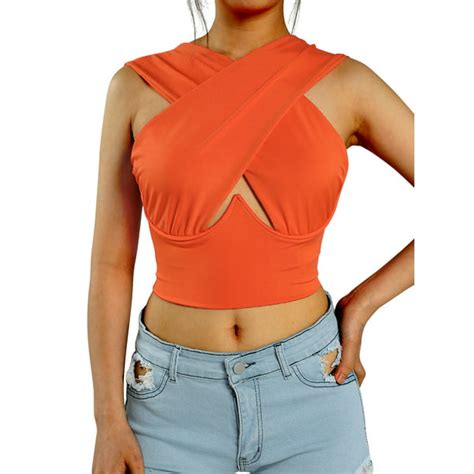 Karuedoo Women Crisscross Cut Out Vest Halter Wrap Crop Top Cami Tank Tops Y2k Streetwear Orange