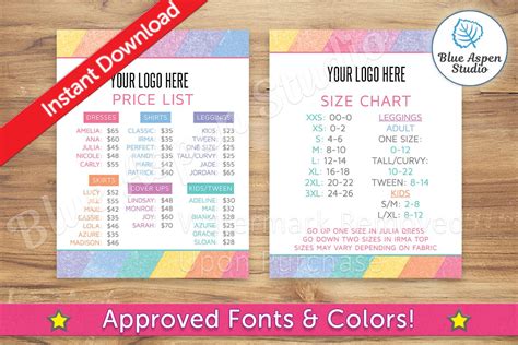 Lularoe Price List And Size Charts In Rainbow 109 By Blue Aspen Studio
