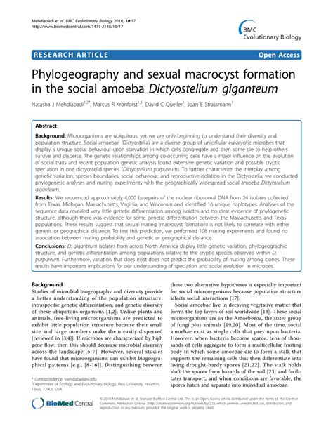 Phylogeography And Sexual Macrocyst Formation In The Social Amoeba Dictyostelium Giganteum Pdf