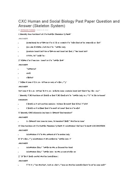 Cxc Human And Social Biology Past Paper Question And Answer Skeleton System