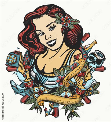 Vetor De Sailor Girl Pin Up Style Color Tattoo And T Shirt Design Sea Woman Steering Whell