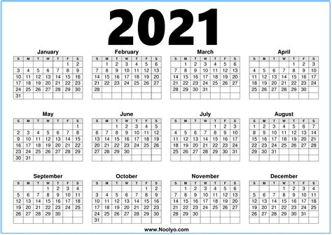 Printable 1 Page 2021 Calendar 2021 Calendar