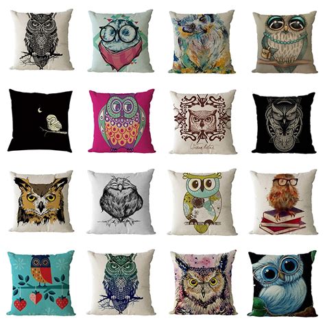 Nunubee Owls Cushion Covers Cartoon Pillow Cases Linen Cotton Pillow Covers Bedroom Sofa
