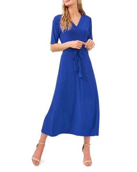Chaus V Neck Belted Midi Dress In At In Blue Stylemi