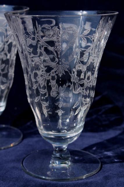 Vintage Elegant Glass Iced Tea Glasses Optic Pattern Footed Tumblers W Etched Design