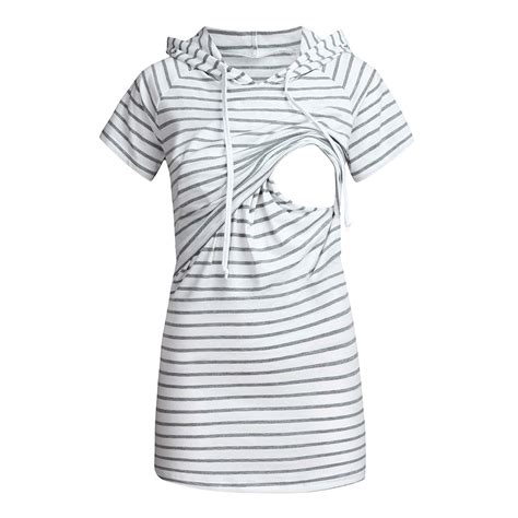 Women Maternity Breastfeeding Tee Nursing Tops Striped Top Short Sleeve