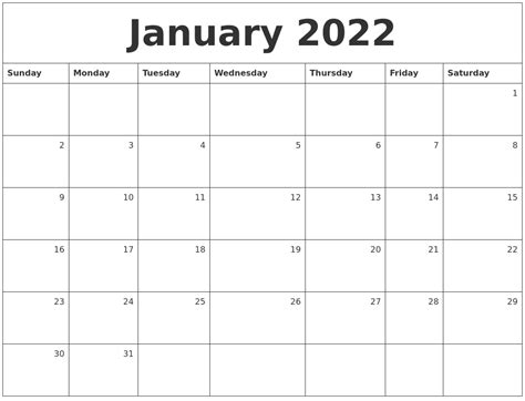 January 2022 Monthly Calendar