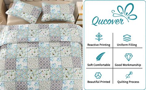 Qucover Single Quilted Throw Lightweight Microfiber Blue Floral Pattern