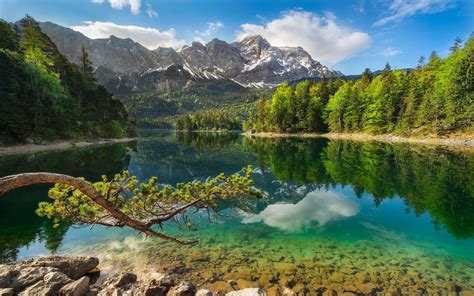 Lake Eibsee In The Bavarian Alps Green Clear Water Sunny Morning
