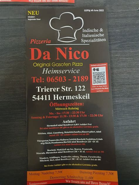 Speisekarte Von Pizzeria Da Nico Hermeskeil