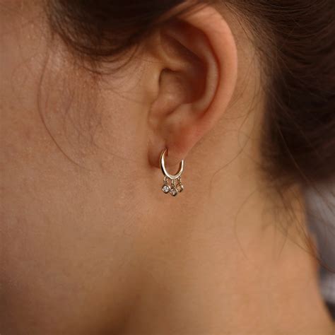 Huggie Hoop Earrings With Three Diamond Dangle Charms 14k Gold 11mm