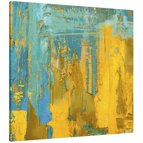 Large Mustard Yellow And Teal Turquoise Abstract Bedroom Canvas Pict