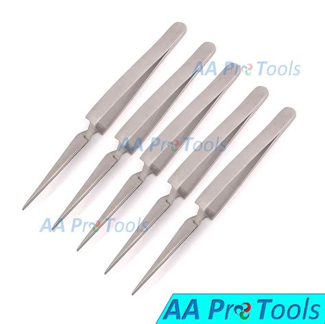 5 Cross Lock Tweezers Straight Short Pointed Self Closing Reverse