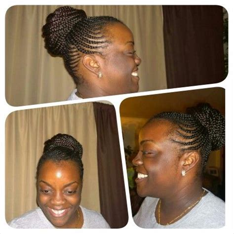 Just start a waterfall braid as you always do, keep it lower and looser, and once you are half way through it, roll it all in a messy knot. Cornrows into a donut bun | Cornrows, My hair, Braids
