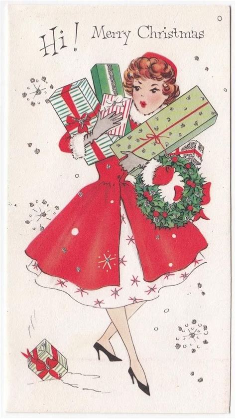 Vintage Greeting Card Christmas Cute Girl Lady Red Coat Fur Trim Mid