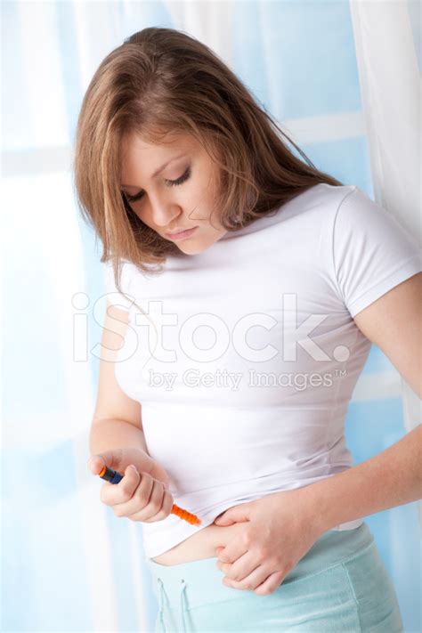 Female Diabetes Patient Doing Insulin Injection Stock Photo Royalty