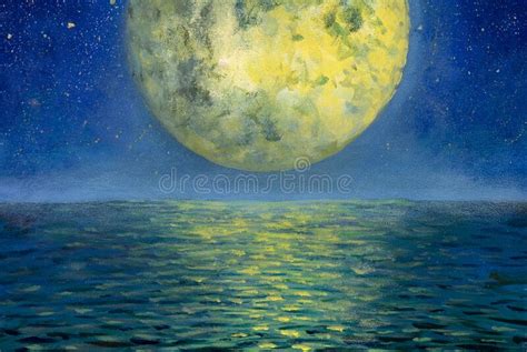 Moon And Sea Of Night Seascape Painting Beautiful Big Planet Moon