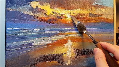 Sunset Beach How To Oil Painting Palette Knife Brush Dusk Waves