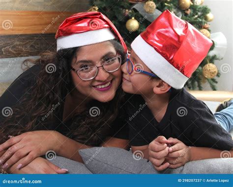 Divorced Single Mom And Year Old Dark Skinned Latino Son Wear Santa