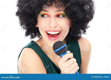 Woman With Afro Hairstyle Holding Microphone Stock Image Image Of