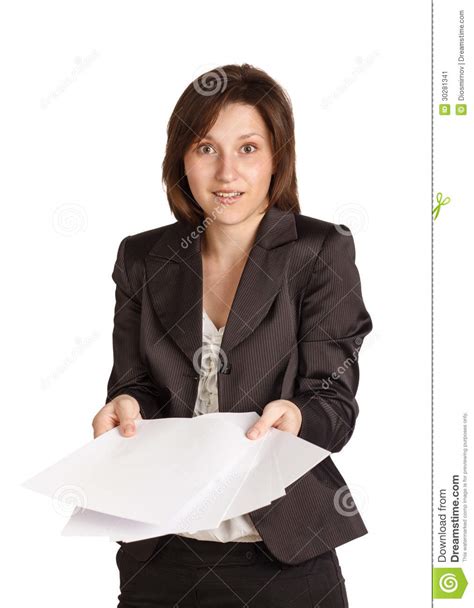 Девушка женщины дела удивлена с бумагами Стоковое Изображение изображение насчитывающей