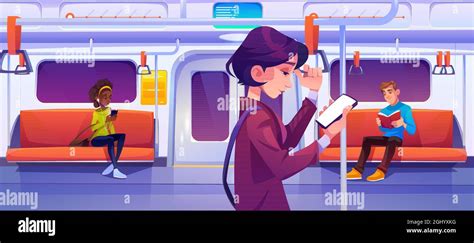 Personas En El Tren Subterráneo Mujeres Con Teléfonos Móviles Y Hombre