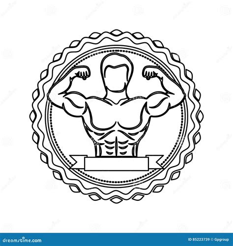 Contour Stamp With Half Body Muscle Man And Label Stock Illustration