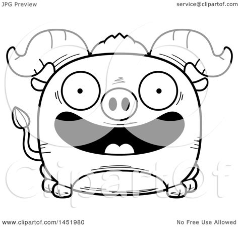 Clipart Graphic Of A Cartoon Black And White Lineart Smiling Ox