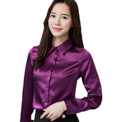 high quality women imitation silk satin blouse button long sleeve lapel ladies office work