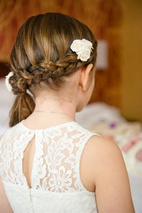 flower girl french braid ivory lace dress bridesmaid hair bun flower girl hairstyles