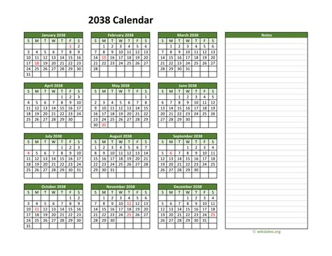 Yearly Printable 2038 Calendar With Notes