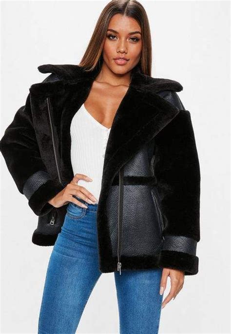 Missguided Black Faux Fur Sleeve Aviator Jacket Black Leather Jacket