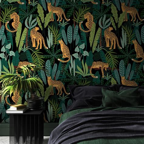 Dark Leopard Removable Wallpaper Tropical Leaves Self Etsy