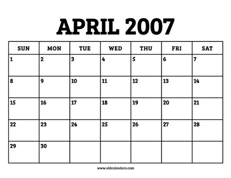 Calendar April 2007 Printable Old Calendars