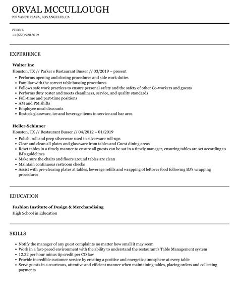 Busser Resume Samples Velvet Jobs