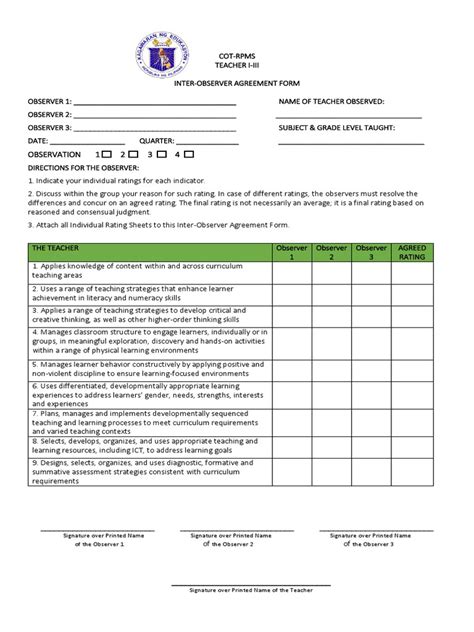 Cot Rpms Ti Iii Inter Observer Agreement Form Pdf Curriculum Learning