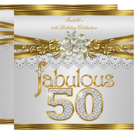 Fabulous 50th Birthday White Pearl Gold Lace Invitation Uk