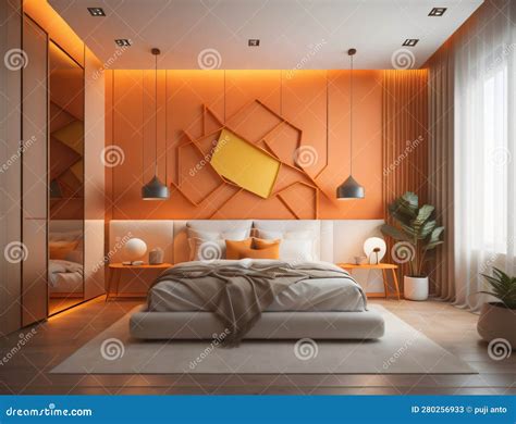 Modern Bedroom Design With Orange Color And Equipped With Glass Walls