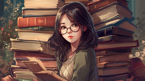 فتاة أنيمي في النظارات تقرأ الكتب أثناء تغطيتها في أرفف الكتب كتب