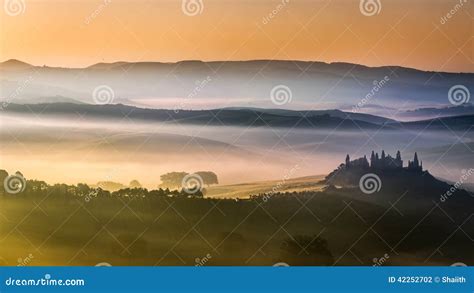 Beautiful Sunrise Over The Valley Of Olive Groves And Vines Stock Photo