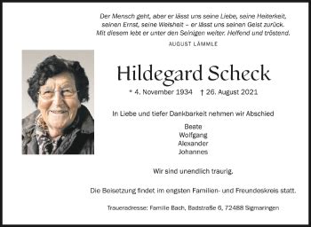 Traueranzeigen Von Hildegard Scheck Schwaebische De Trauerportal