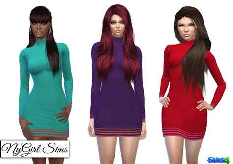 Nygirl Sims 4 Color Block Lined Ribbed Turtleneck Dress