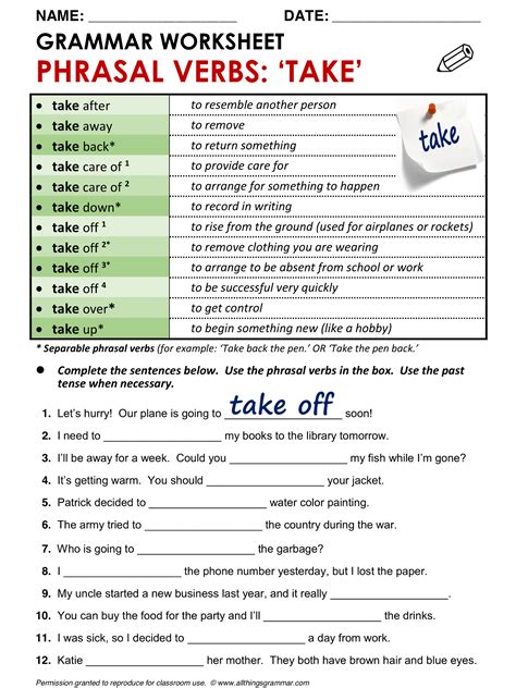 English Grammar Worksheet Phrasal Verbs With Take