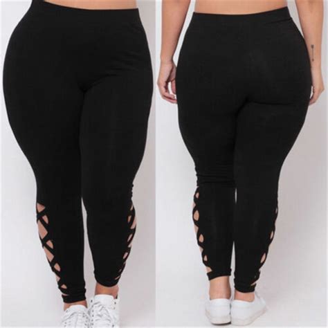 2019 New Womens Black Hollow Out Leggings Plus Size Spandex Curvy Solid New Soft Legging